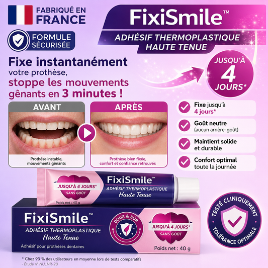 FixiSmile™ Adhésif Thermoplastique Haute Tenue | Fixe instantanément votre prothèse, stoppe les mouvements gênants en 3 minutes !