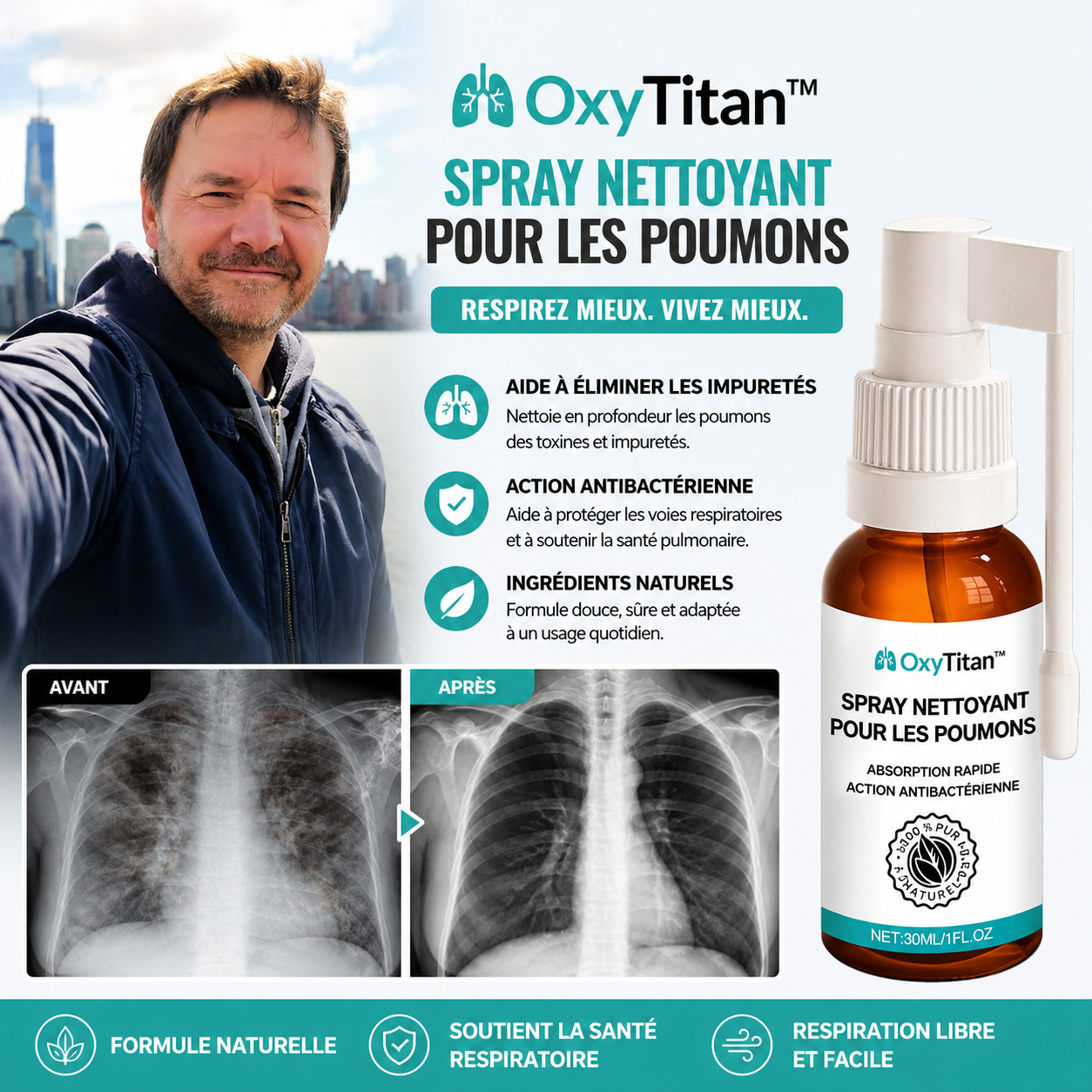 OxyTitan™ Spray de Nettoyage Pulmonaire | Éliminez 92 % du mucus et respirez à pleins poumons en seulement 48 heures !