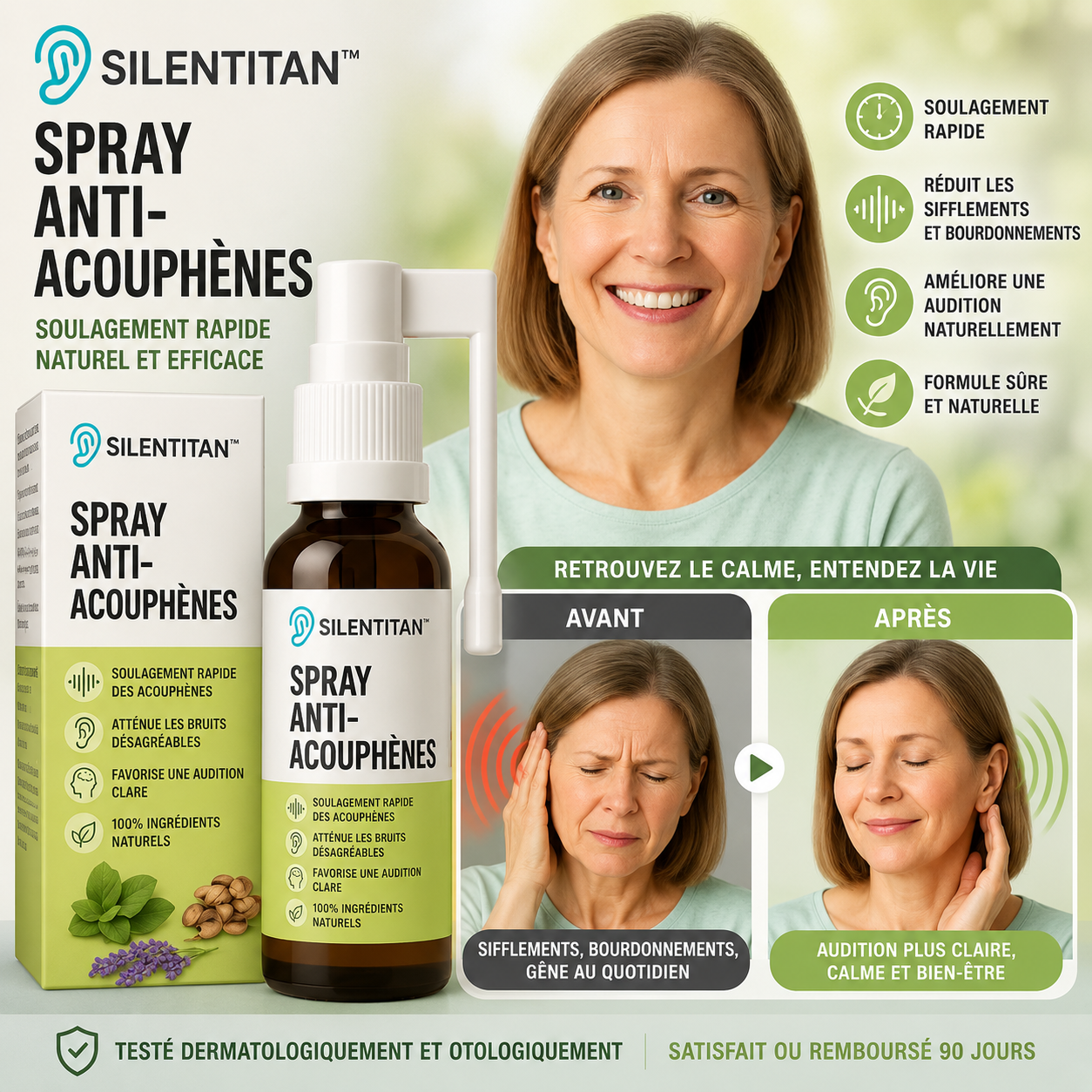 SilenTitan™ Spray Anti-Acouphènes | Éliminez les sifflements persistants et retrouvez le silence en seulement 7 jours !