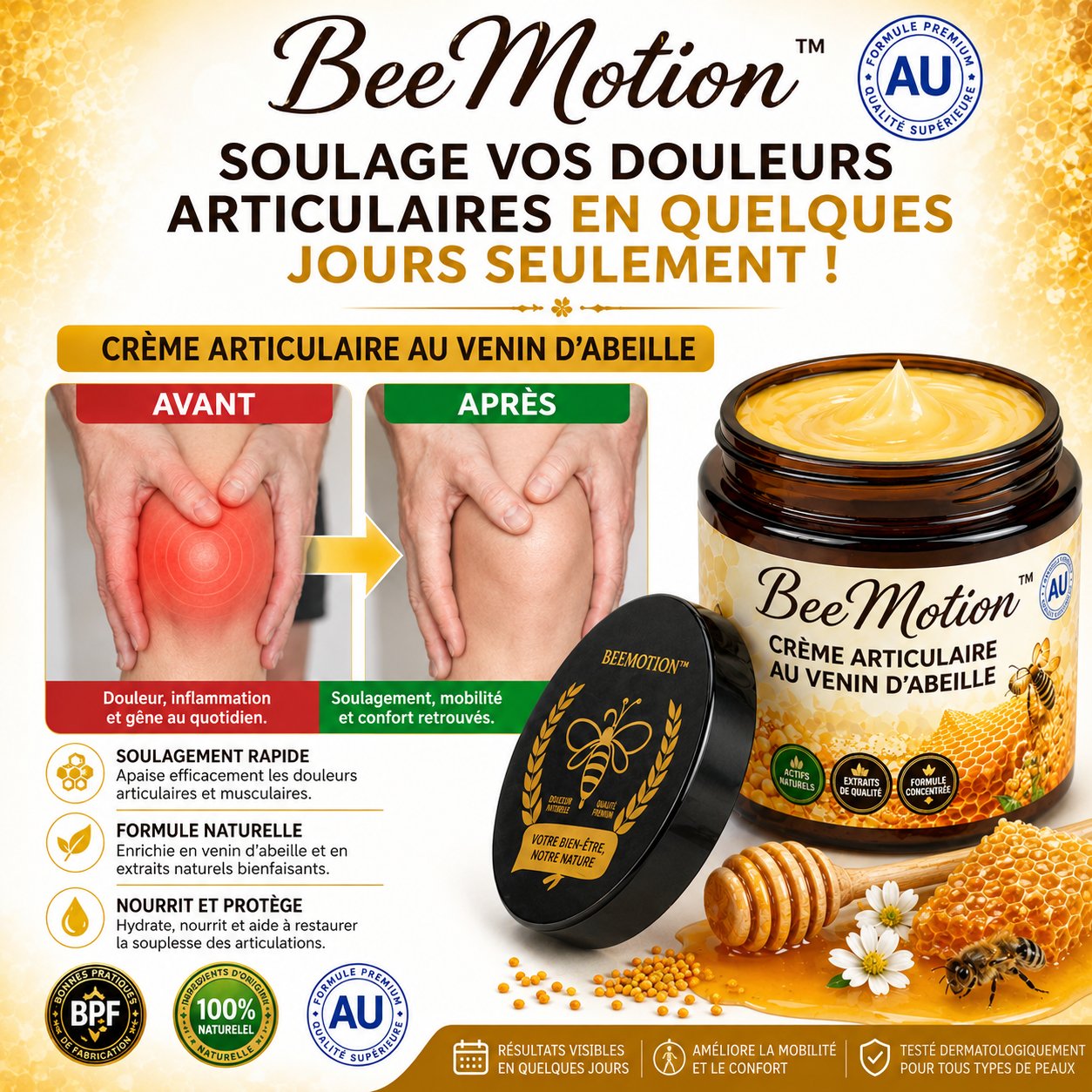 BeeMotion™ Crème Articulaire au Venin d’Abeille | Soulage les douleurs et libère vos articulations en 10 minutes !