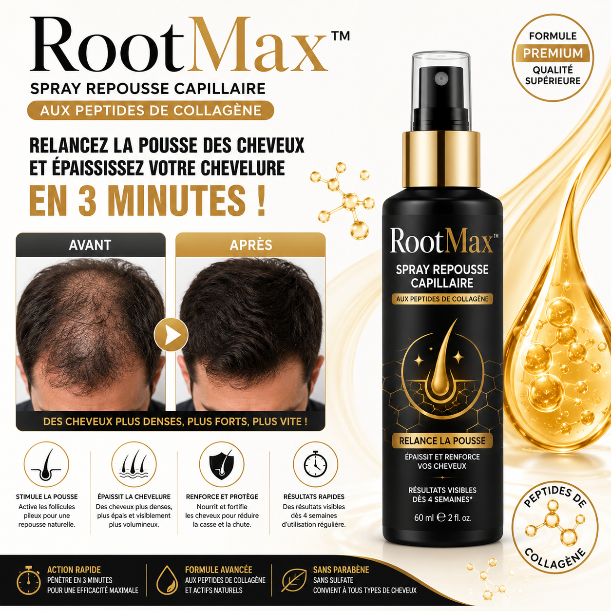 RootMax™ Spray Repousse Capillaire aux Peptides de Collagène | Relancez la pousse des cheveux et épaississez votre chevelure en 3 minutes!