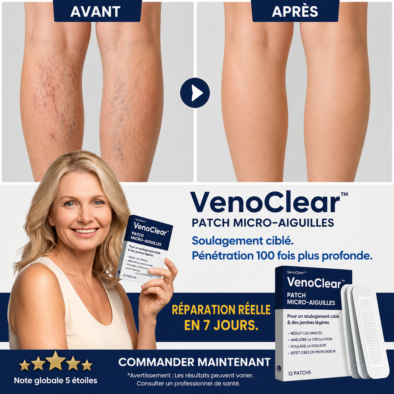 VenoClear™ Patch à Micro-Aiguilles | Éliminez vos varices et retrouvez des jambes légères en 10 minutes !