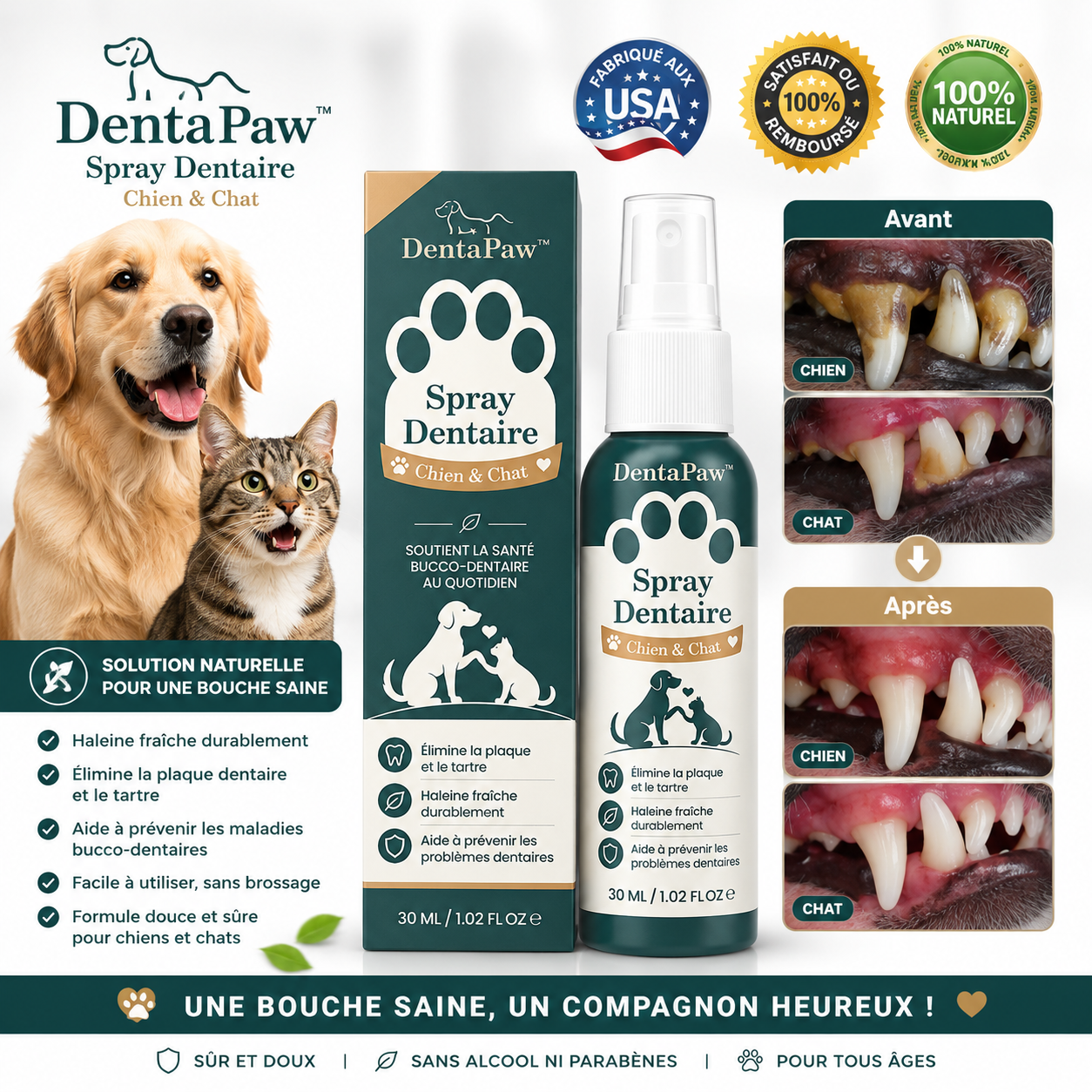 DentaPaw™ Spray Dentaire Chien & Chat | Stoppez la mauvaise haleine et nettoyez ses dents sans brossage !