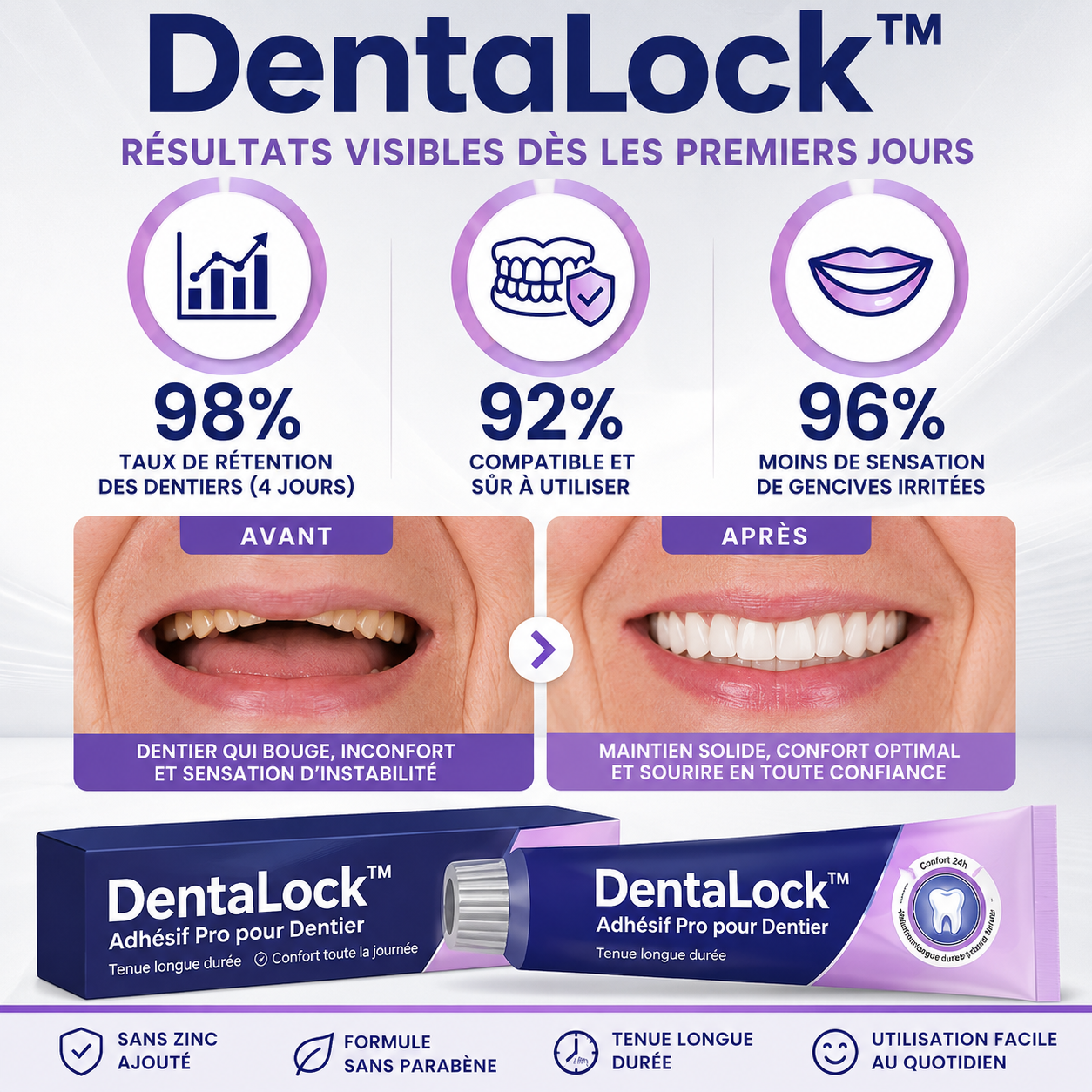 DentaLock™ Adhésif Pro pour Prothèses Dentaires | Souriez, mangez et parlez en toute confiance jusqu’à 96h, sans zinc ni irritation !