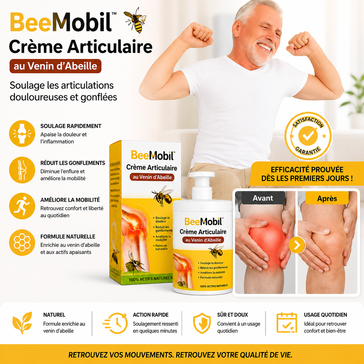 BeeMobil™ Crème Articulaire au Venin d’Abeille | Élimine les douleurs et réduit les inflammations en seulement 3 jours!