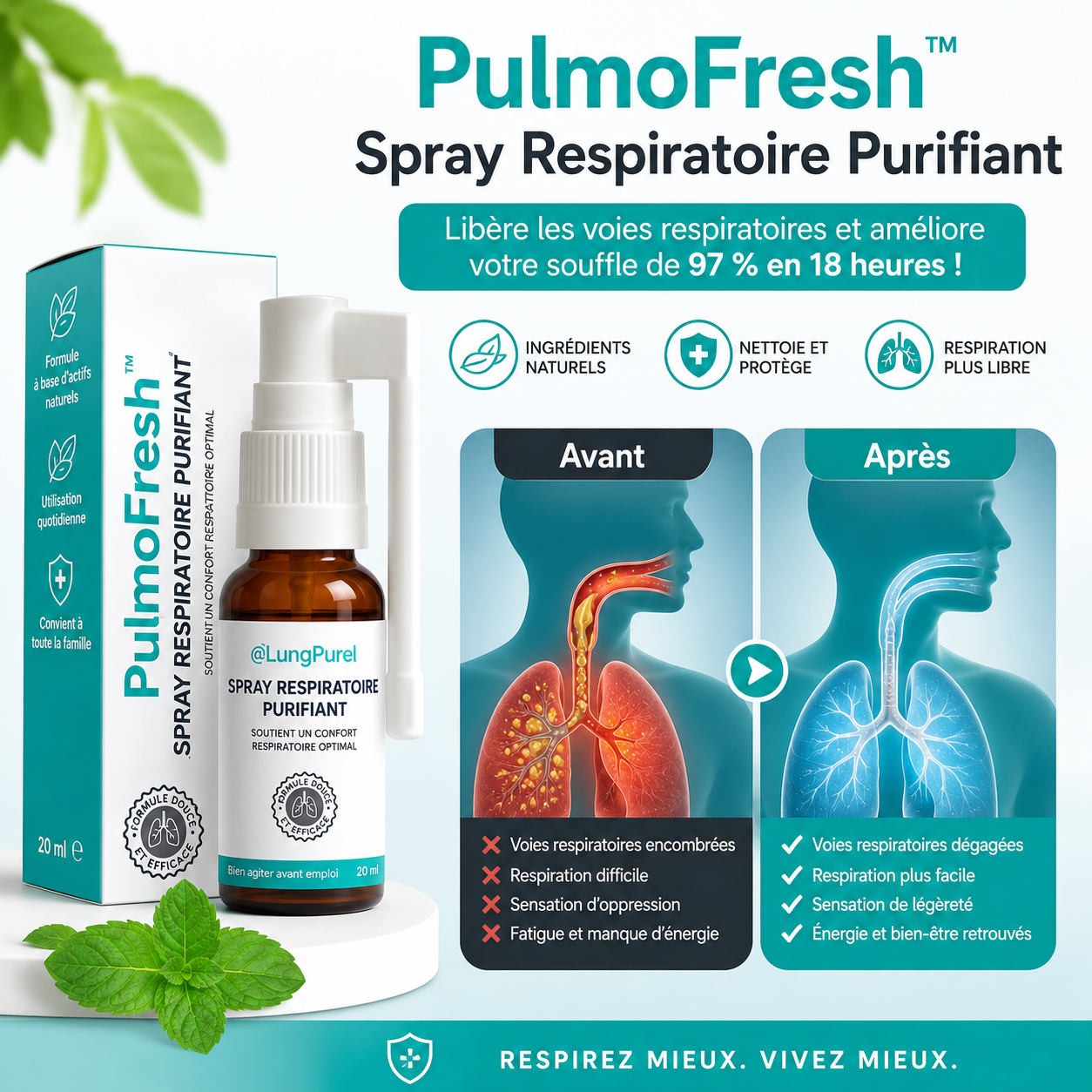 PulmoFresh™ Spray Respiratoire Purifiant | Libère les voies respiratoires et améliore votre souffle de 97% en 18 heures!