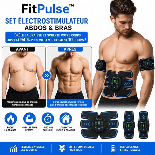 FitPulse™ Set Électrostimulateur Abdos & Bras | Brûle la graisse et sculpte votre corps jusqu’à 94 % plus vite en seulement 10 jours!