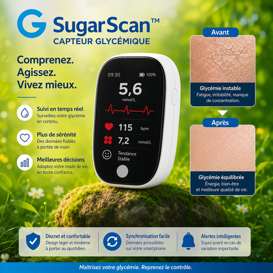 SugarScan™ Capteur Glycémique | Économisez des centaines d'euros sur les bandelettes grâce à une lecture de la glycémie précise à 99,9 % – et ce, sans aucune aiguille.