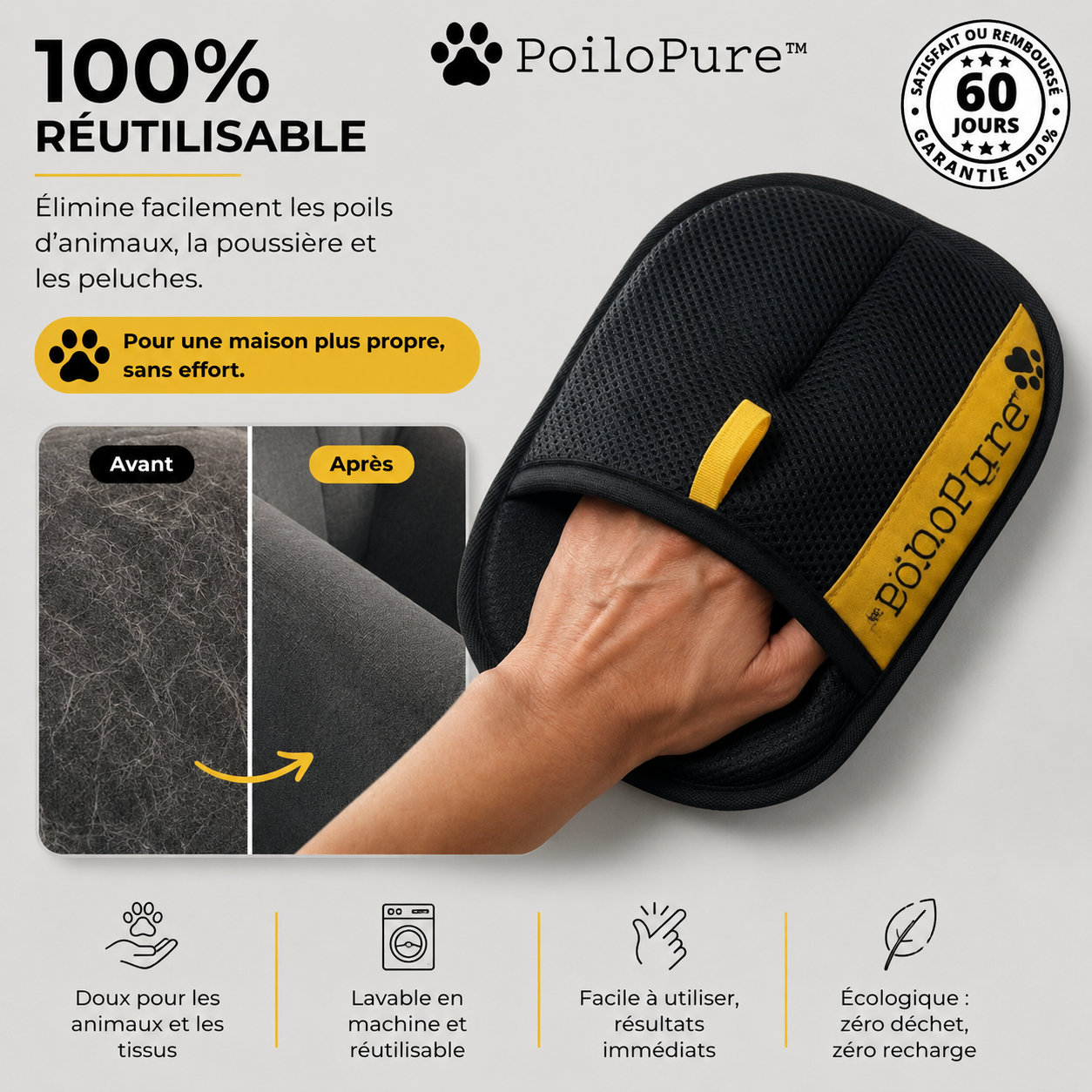 PoiloPure™ Gant Anti-Poils 100 % Réutilisable | La solution n°1 recommandée par 40 000 propriétaires d'animaux pour agir en un seul geste !