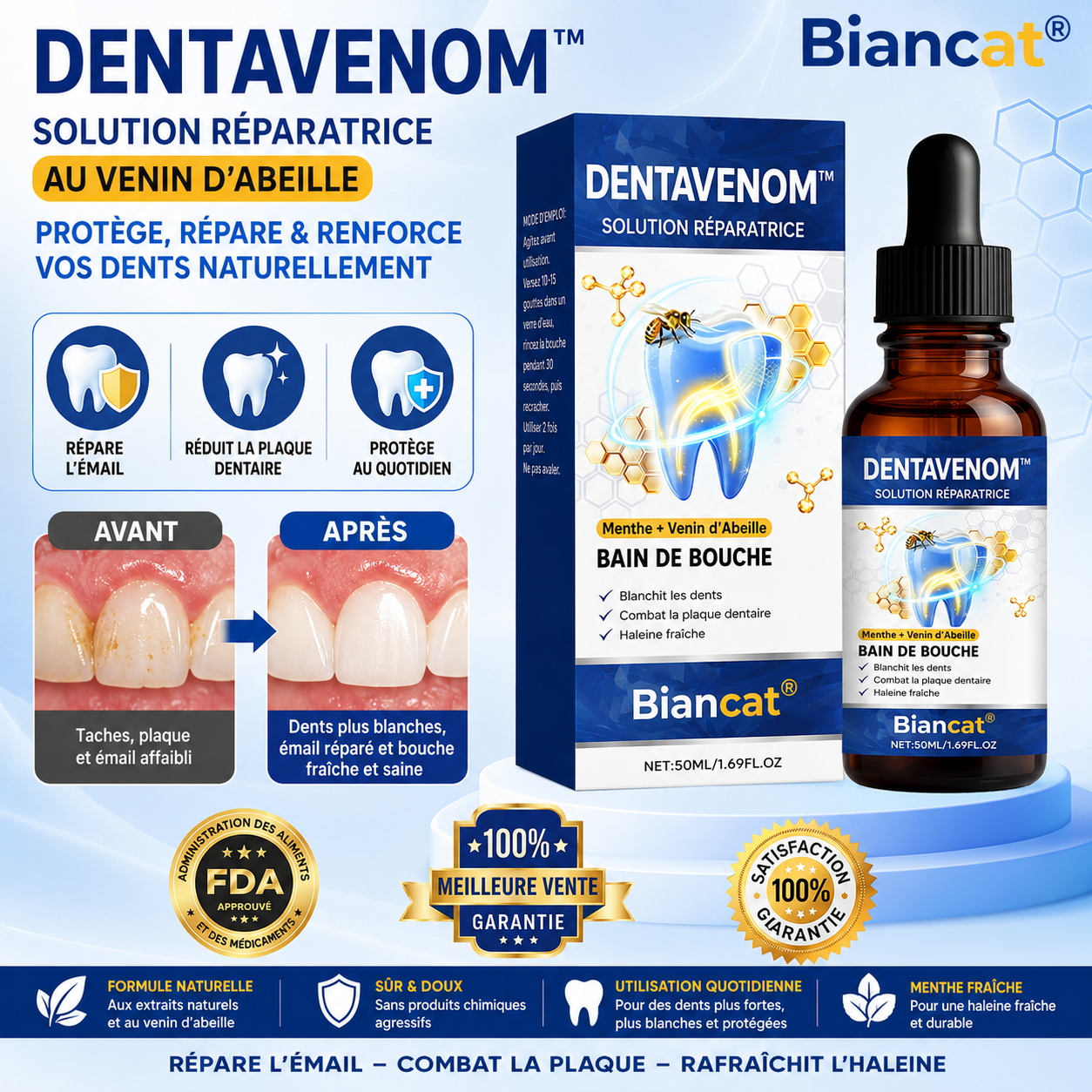 DentaVenom™ Solution Réparatrice au Venin d’Abeille | Stoppez gencives qui saignent, tartre et mauvaise haleine en 7 jours !
