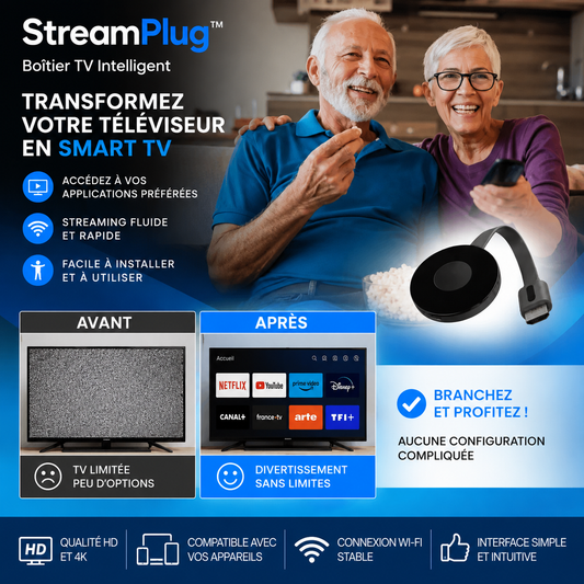 StreamPlug™ Boîtier TV Intelligent | Accédez à vos plateformes préférées sans limite et gratuitement !
