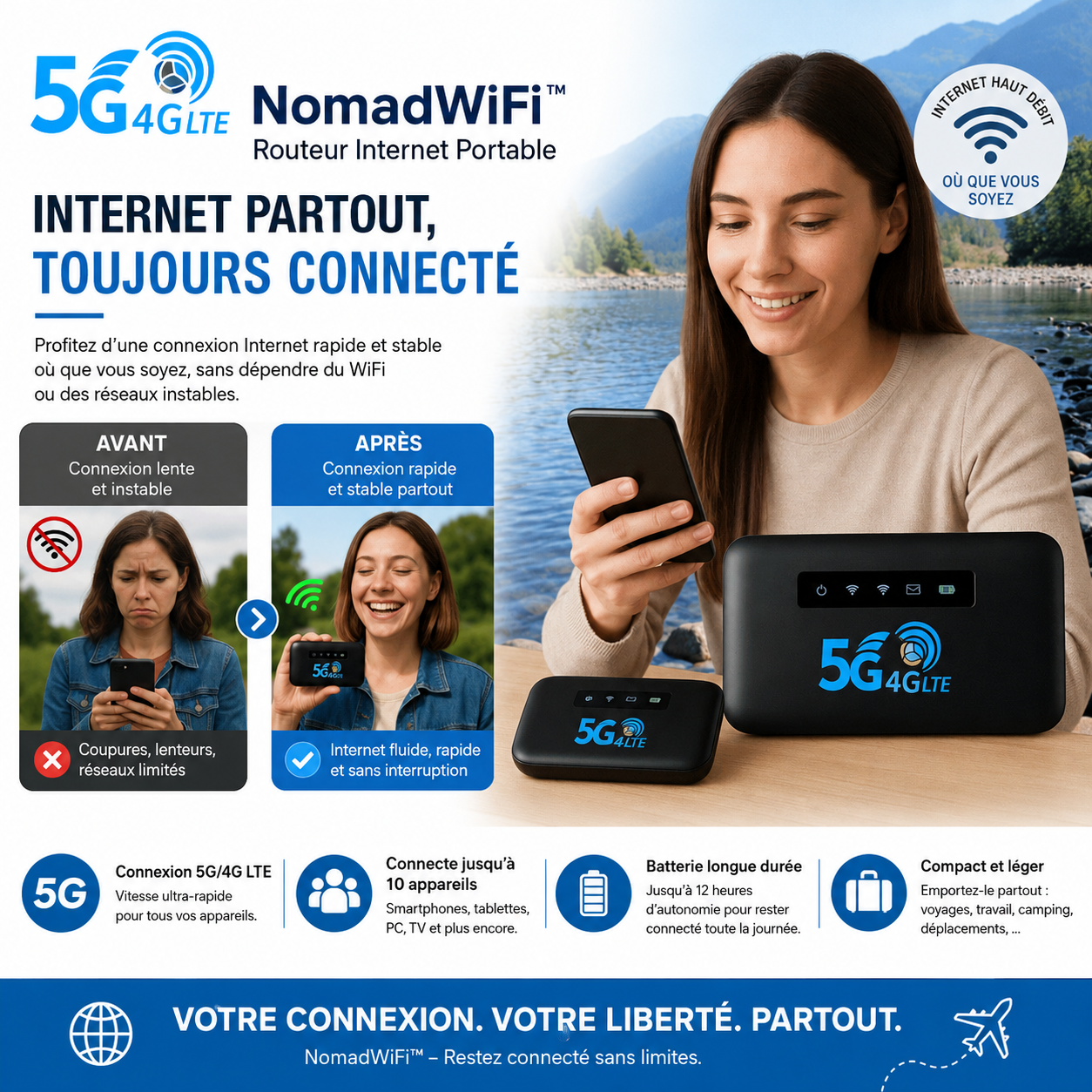 NomadWiFi™ Routeur Internet Portable | Accédez à Internet rapidement et en toute sécurité, où que vous soyez dans le monde – sans aucune restriction !