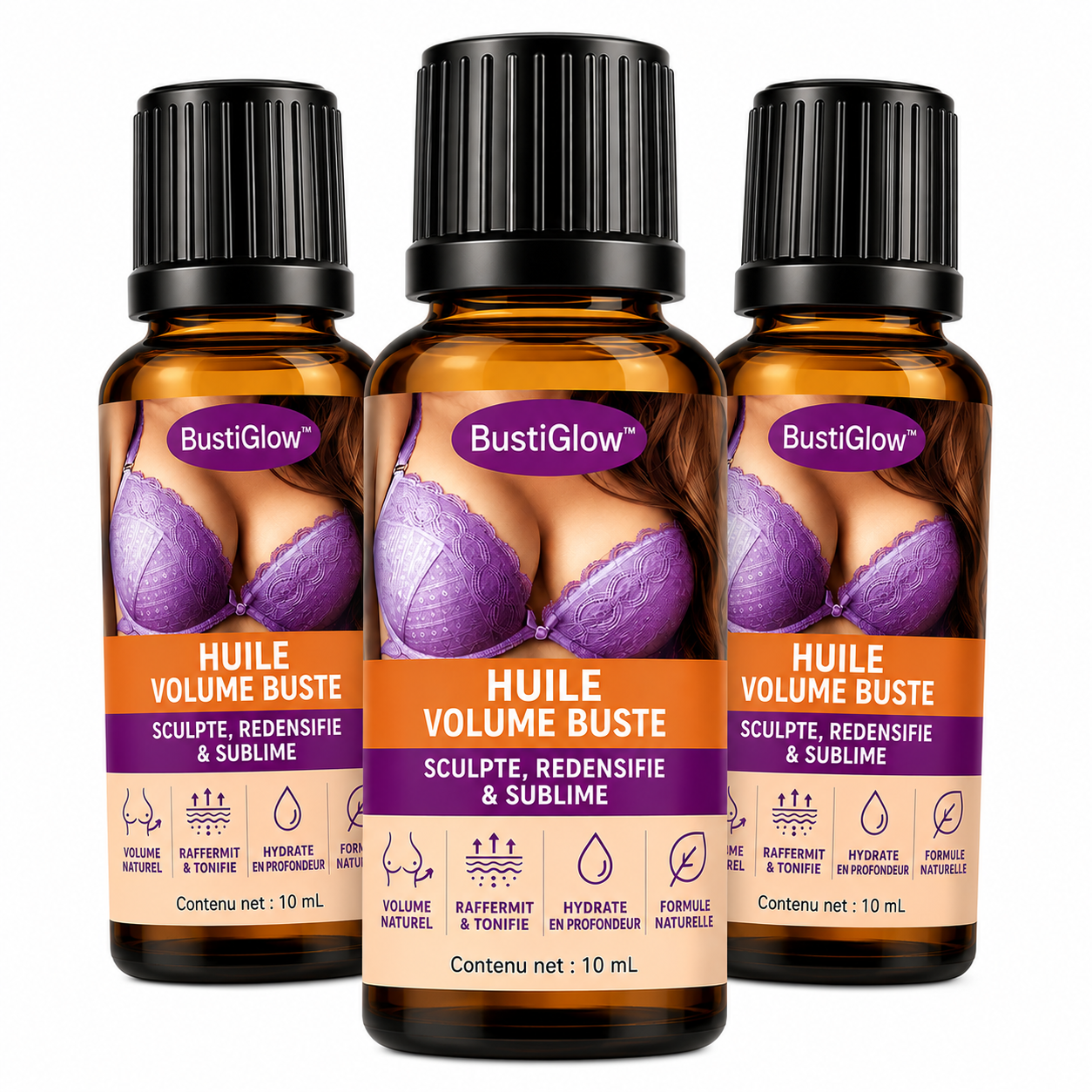 BustiGlow™ Huile Volume Buste | Poitrine plus galbée, plus ferme et plus pulpeuse en 10 minutes !