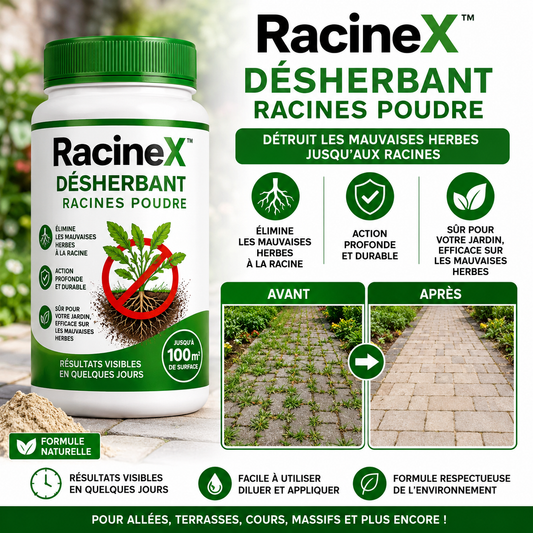 RacineX™ Désherbant Racines Poudre | Éliminez les mauvaises herbes jusqu’à la racine en 24 heures !