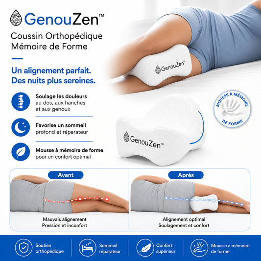 GenouZen™ Coussin Orthopédique Mémoire de Forme | Soulagez genoux, hanches, dos et sciatique dès les premières nuits !