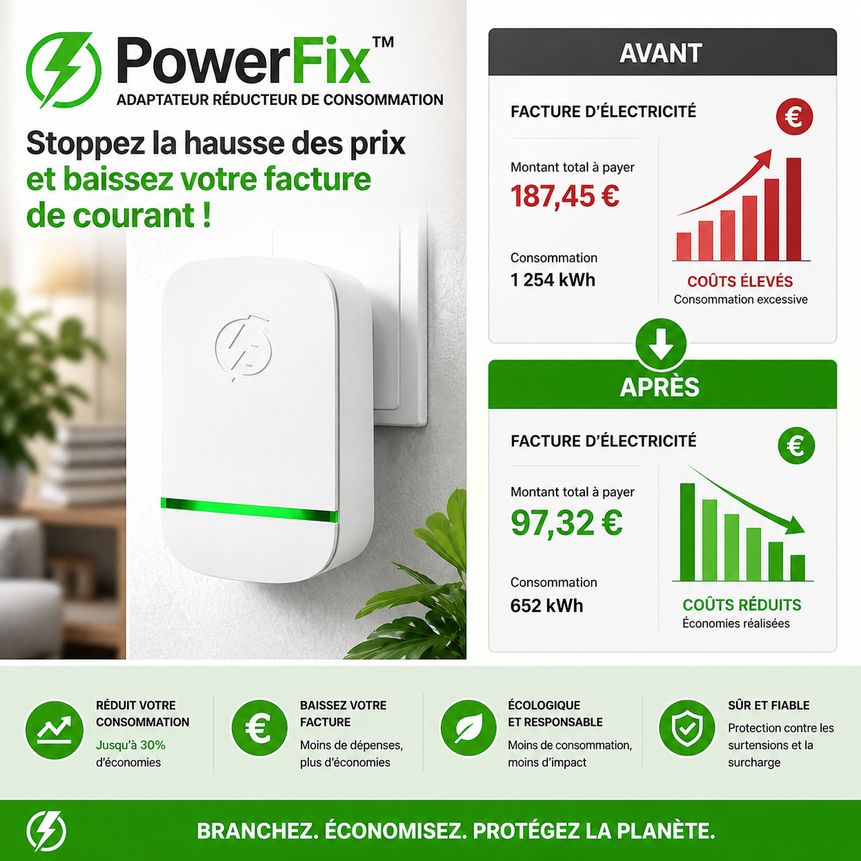 PowerFix™ Adaptateur Réducteur de Consommation | Stoppez la hausse des prix et baissez votre facture de courant !