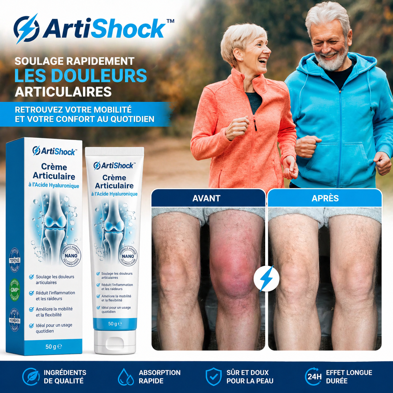 ArtiShock™ Crème Articulaire à l’Acide Hyaluronique | Soulagez vos douleurs en 60 secondes !
