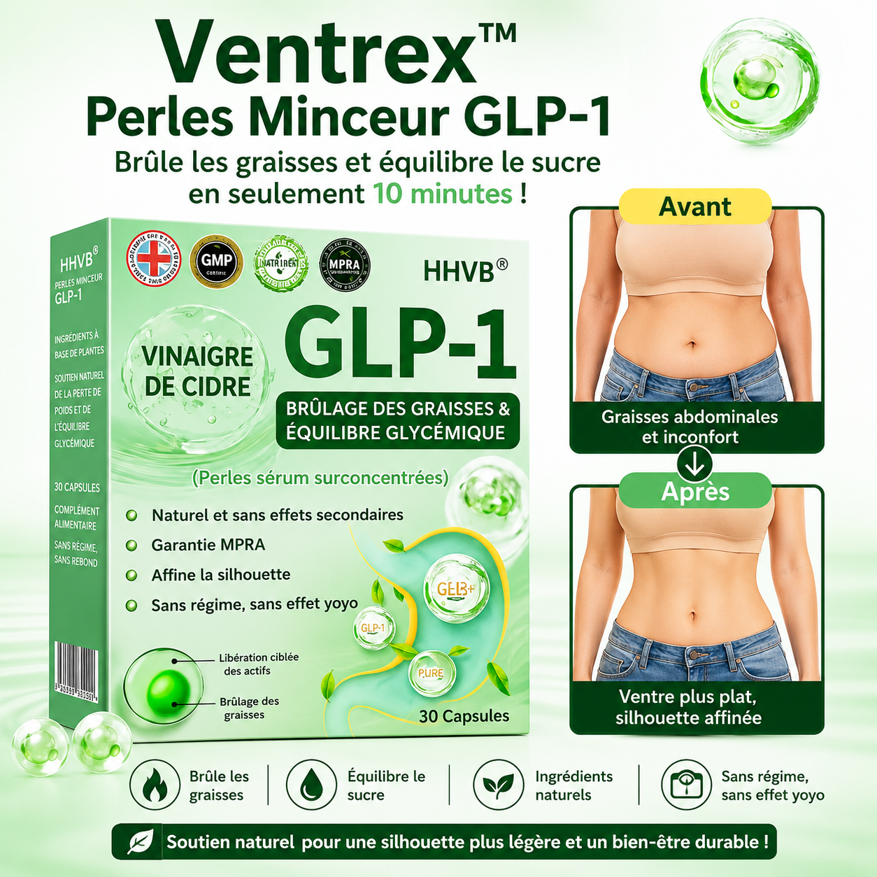 Ventrex™ Perles Minceur GLP-1 | Brûle les graisses et équilibre le sucre en 10 minutes!