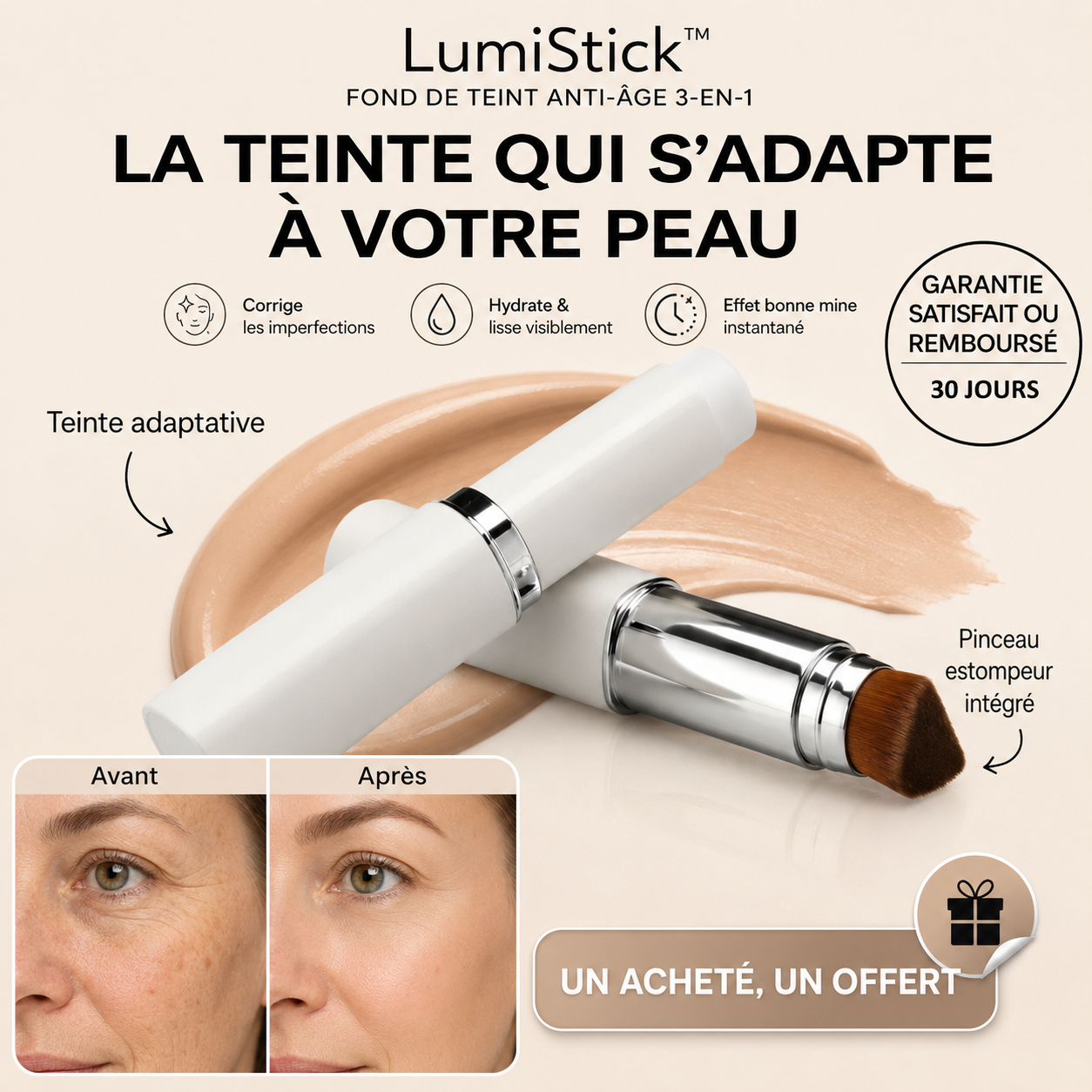 LumiStick™ Fond de Teint Anti-Âge 3-en-1 | Lissez rides, taches et cernes en quelques secondes !