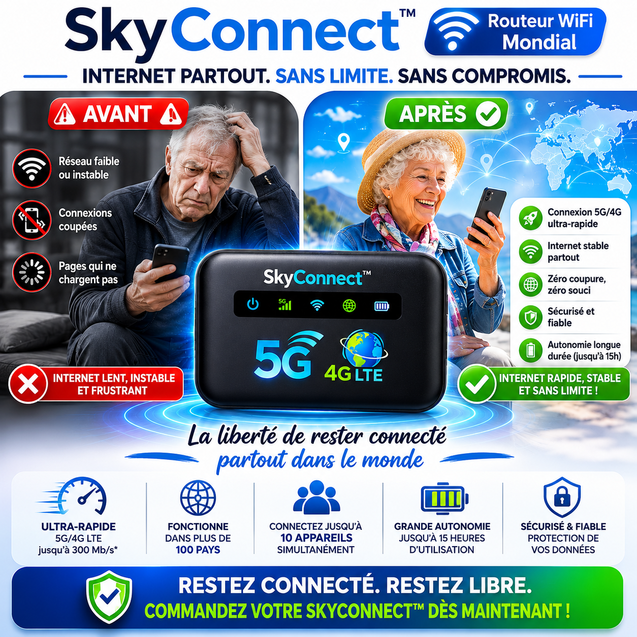SkyConnect™ Routeur WiFi Mondial | Internet 4G/5G dans 196 pays en 5 secondes chrono, sans surcoût !