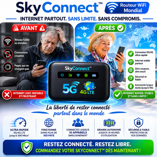 SkyConnect™ Routeur WiFi Mondial | Internet 4G/5G dans 196 pays en 5 secondes chrono, sans surcoût !