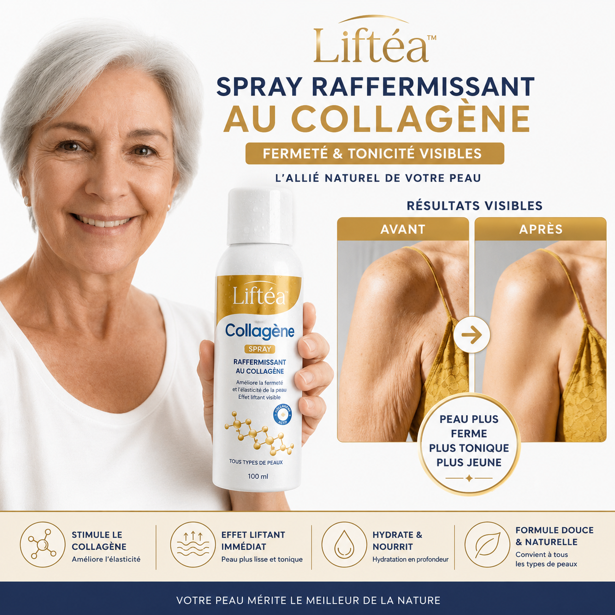 Liftéa™ Spray Raffermissant au Collagène | Raffermit la peau relâchée et lisse les rides en 24h, sans injection ni chirurgie !