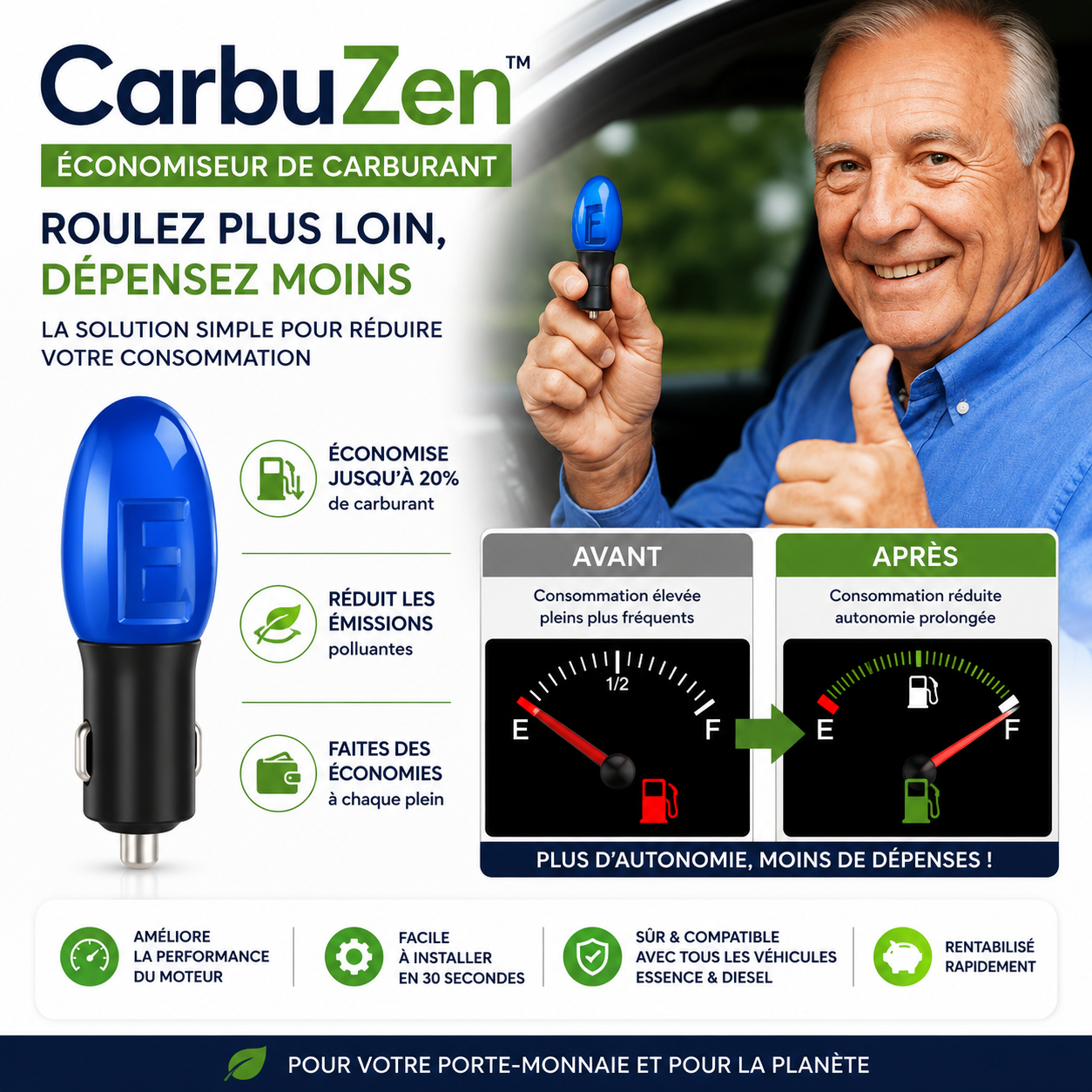 CarbuZen™ Économiseur de Carburant | Économisez jusqu’à 30% d’essence à chaque plein, sans additif ni passage au garage !