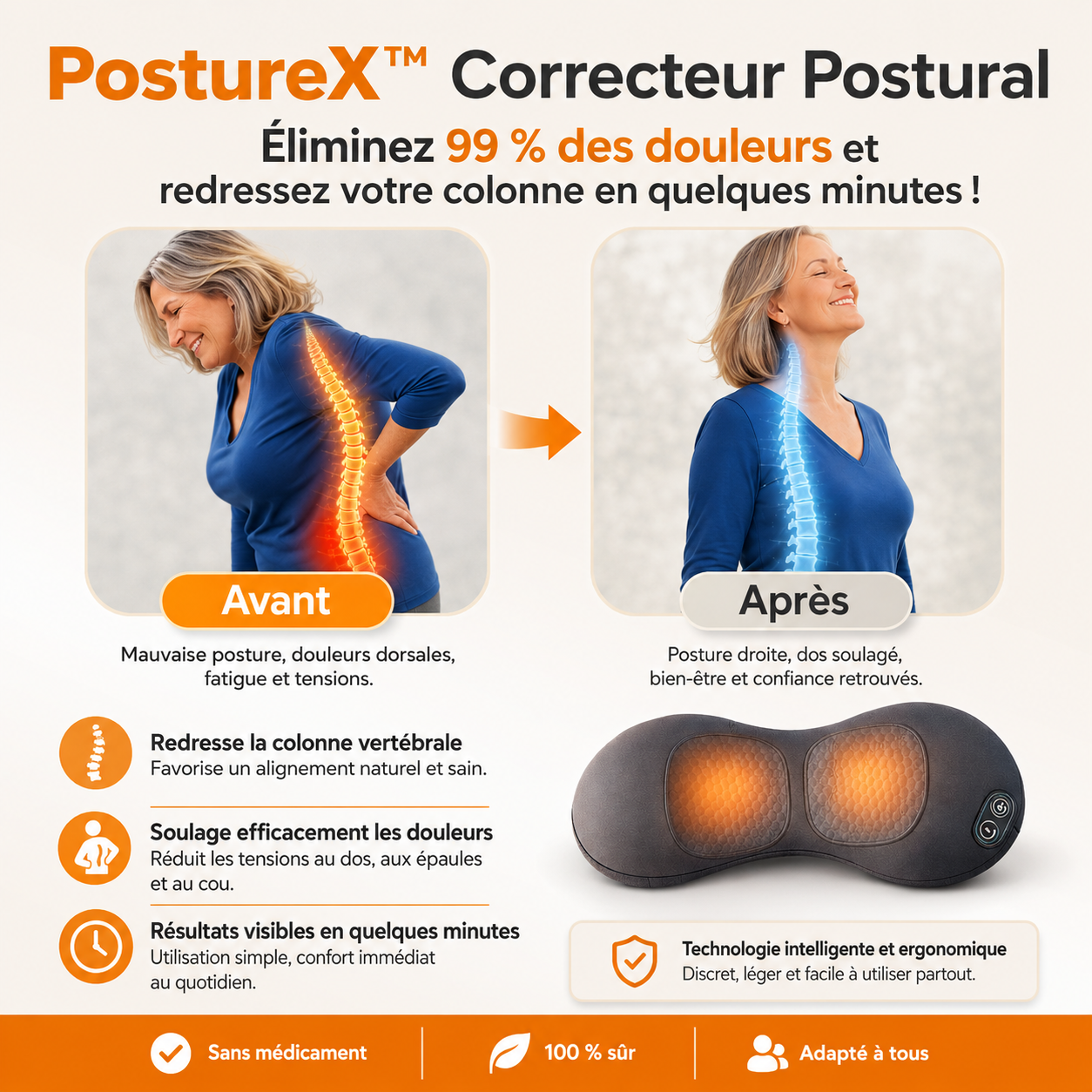 PostureX™ Correcteur Postural | Éliminez 99 % des douleurs et redressez votre colonne en quelques minutes !