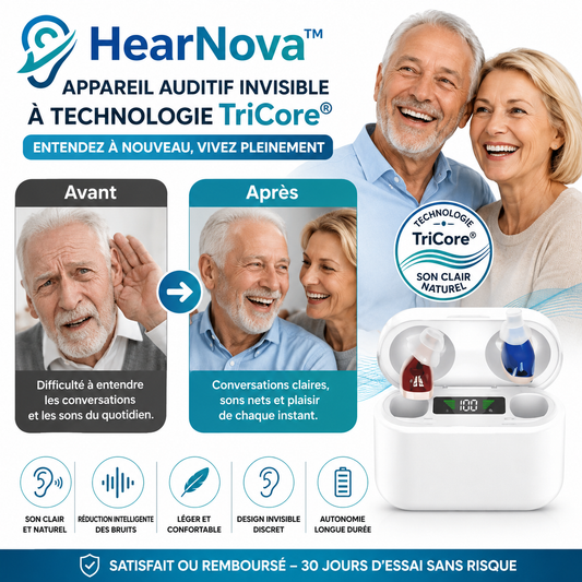 HearNova™ Appareil Auditif Invisible à Technologie TriCore | Entendez parfaitement en 3 secondes, sans aucun sifflement !