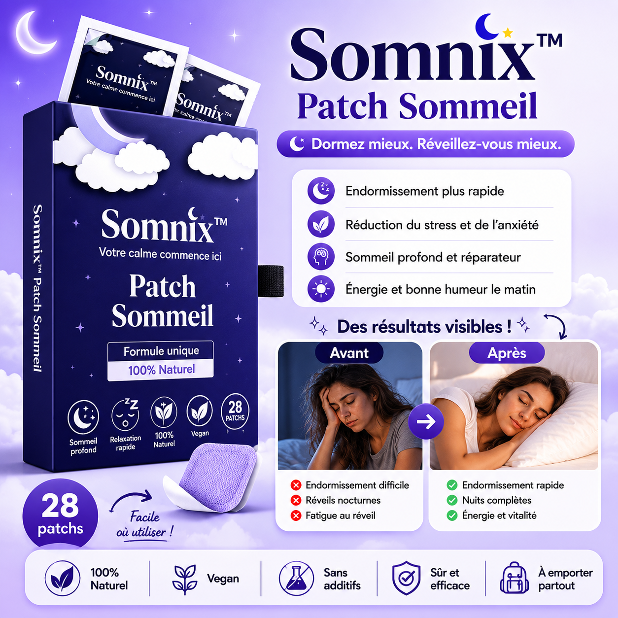 Somnix™ Patch Sommeil | Dormez toute la nuit dès ce soir, sans somnifères ni mélatonine !
