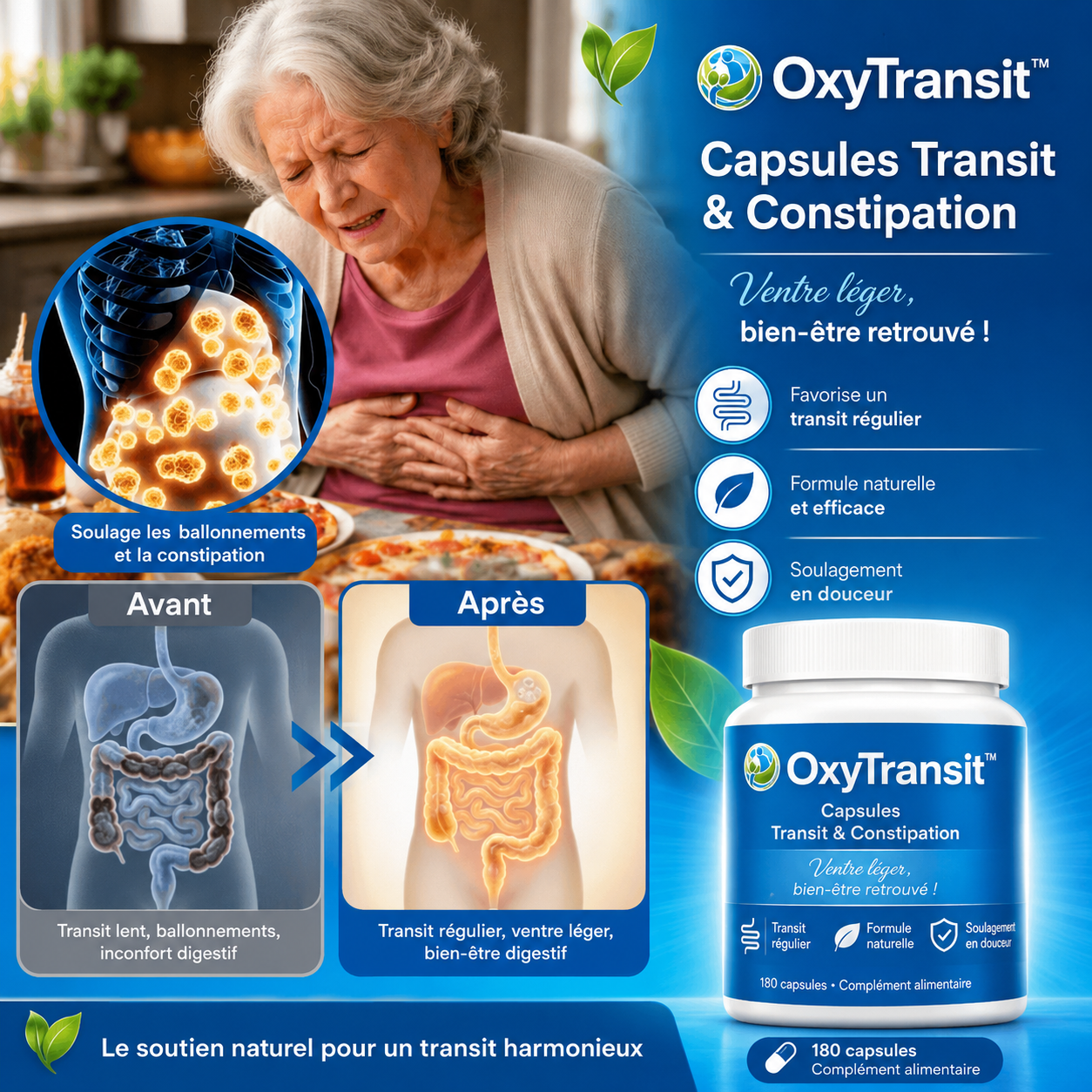 OxyTransit™ Capsules Transit & Constipation | Dissout en douceur les déchets accumulés en seulement 24 heures !