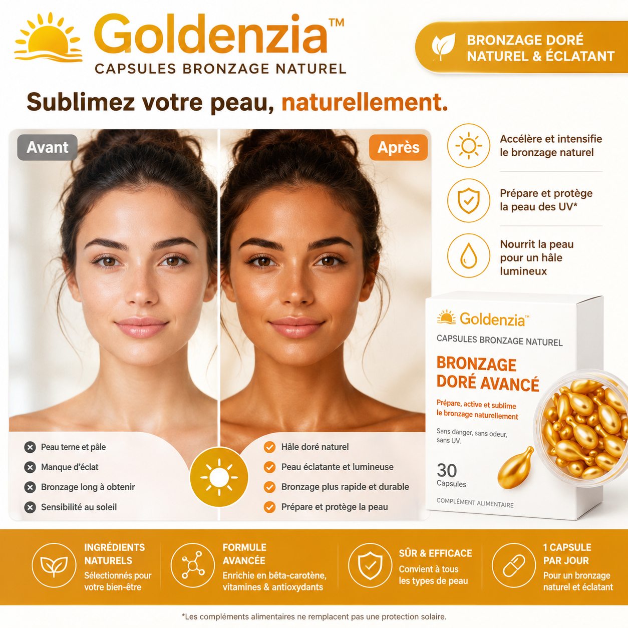 Goldenzia™ Capsules Bronzage Naturel | Obtenez un bronzage doré et uniforme en seulement 5 jours !