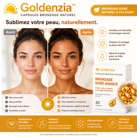 Goldenzia™ Capsules Bronzage Naturel | Obtenez un bronzage doré et uniforme en seulement 5 jours !