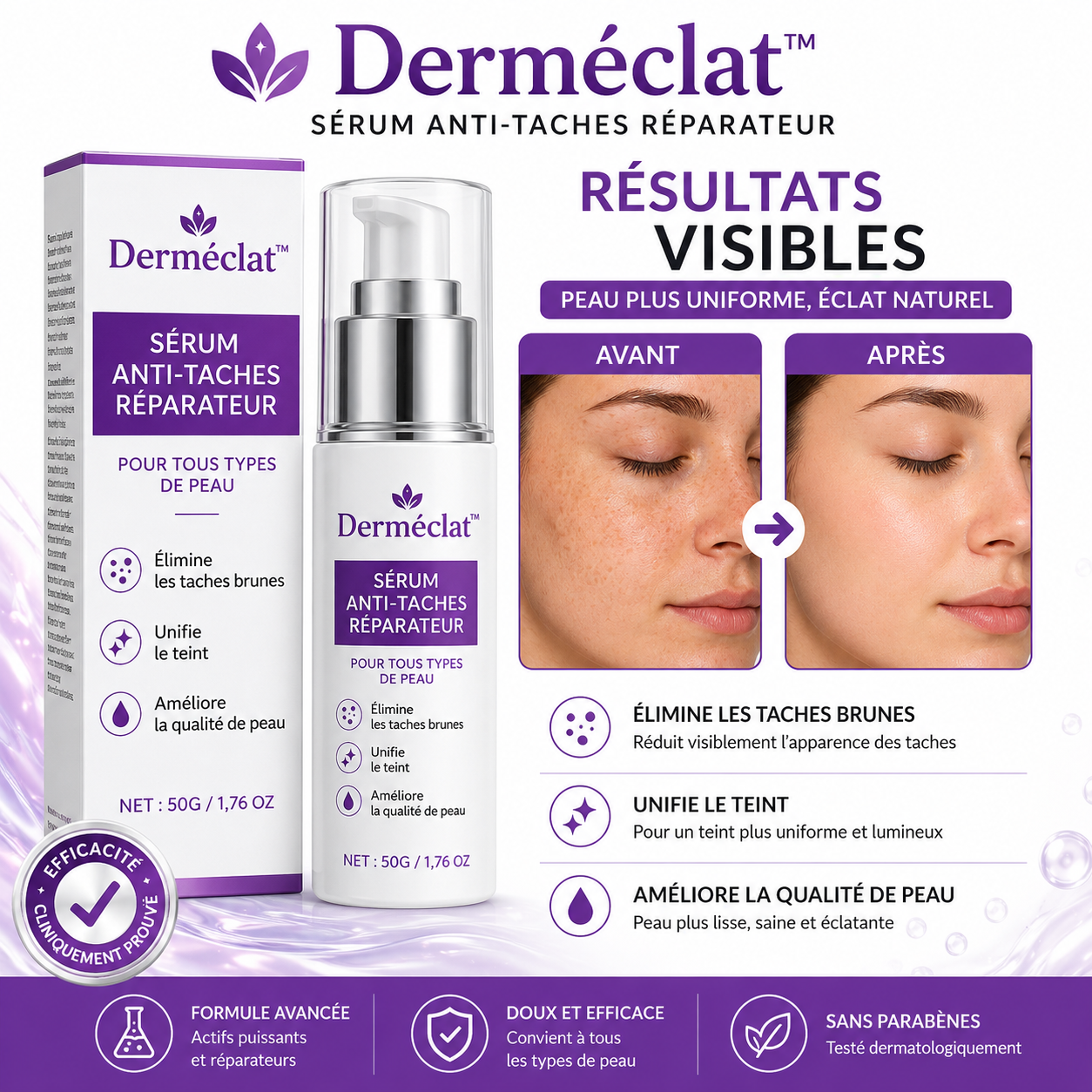 Derméclat™ Sérum Anti-Taches Réparateur | Effacez vos taches brunes en 72 heures et révélez une peau éclatante !