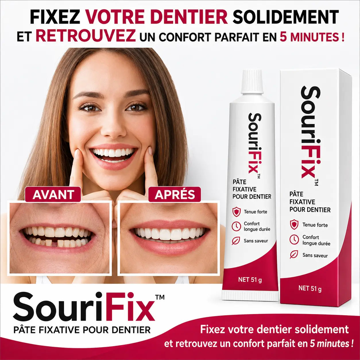 SouriFix™ Pâte Fixative pour Dentier | Fixez votre dentier solidement et retrouvez un confort parfait en 5 minutes !