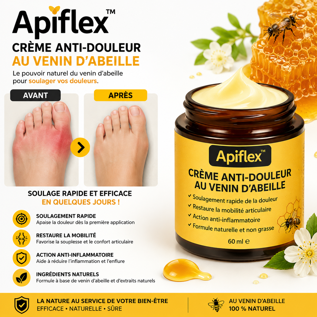 Apiflex™ Crème Anti-Douleur au Venin d’Abeille | Supprimez vos douleurs articulaires en quelques minutes !