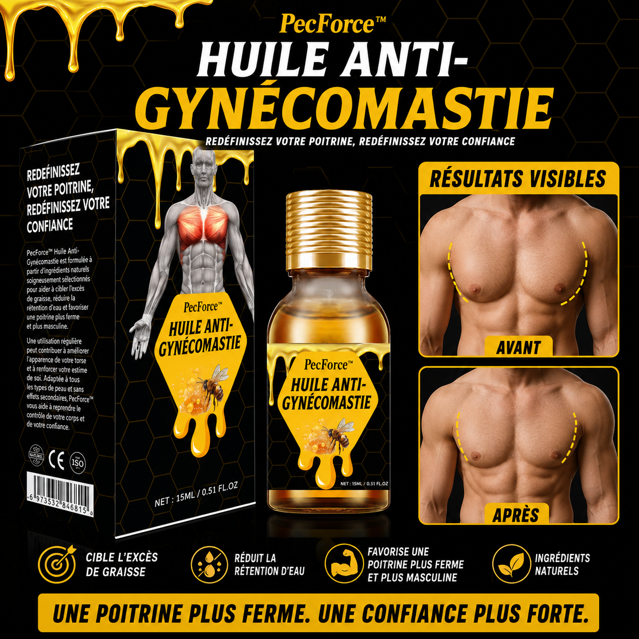 PecForce™ Huile Anti-Gynécomastie | Éliminez la graisse et retrouvez un torse plat en 10 minutes !