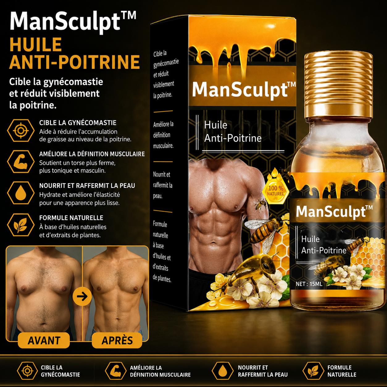 ManSculpt™ Huile Anti-Poitrine | Réduit la Poitrine chez les Hommes en 7 Jours, Sans Chirurgie !