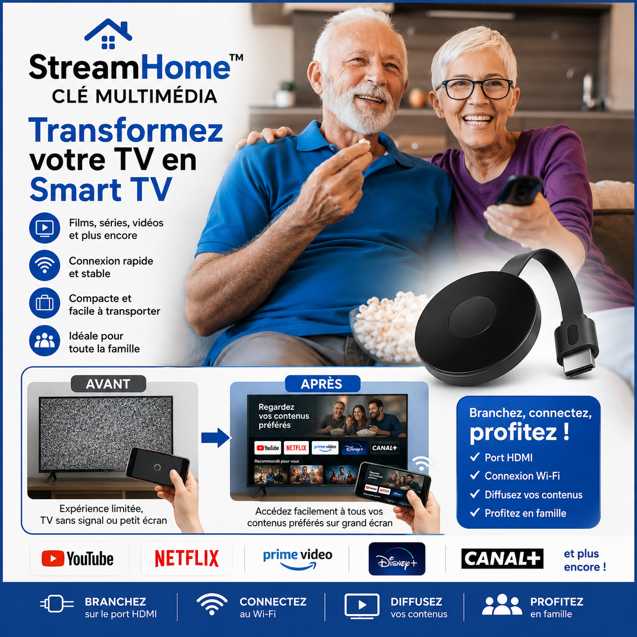 StreamHome™ Clé Multimédia | Netflix, Disney+ et plus de 1 000 chaînes sur votre TV, sans abonnement !