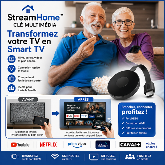 StreamHome™ Clé Multimédia | Netflix, Disney+ et plus de 1 000 chaînes sur votre TV, sans abonnement !