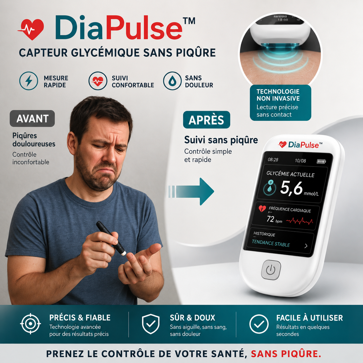 DiaPulse™ Capteur Glycémique Sans Piqûre | Obtenez une mesure glycémique fiable en 5 secondes sans piqûre !