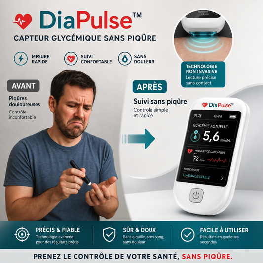 DiaPulse™ Capteur Glycémique Sans Piqûre | Obtenez une mesure glycémique fiable en 5 secondes sans piqûre !