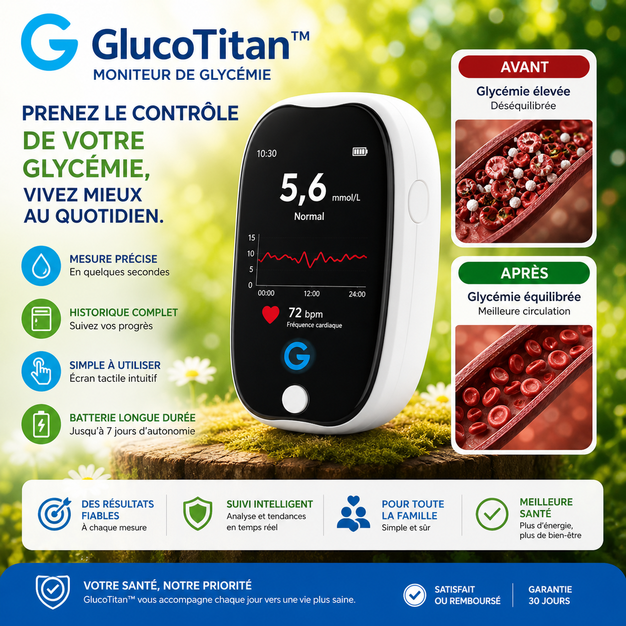 GlucoTitan™ Capteur Glycémique | Économisez des centaines d'euros sur les bandelettes grâce à une lecture de la glycémie précise à 99,9 % – et ce, sans aucune aiguille.