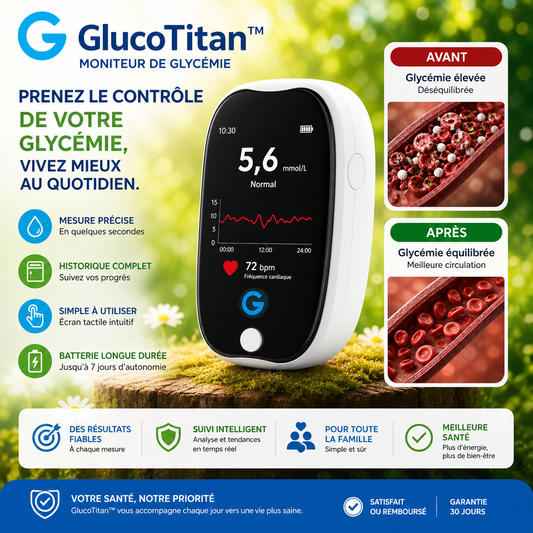 GlucoTitan™ Capteur Glycémique | Économisez des centaines d'euros sur les bandelettes grâce à une lecture de la glycémie précise à 99,9 % – et ce, sans aucune aiguille.