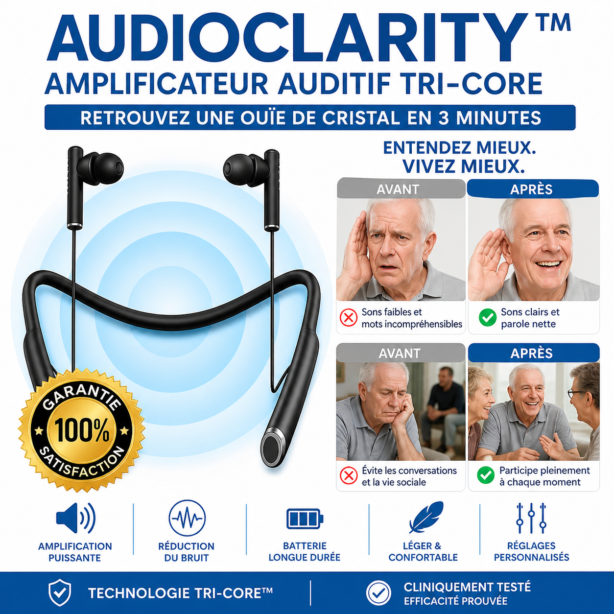 AudioClarity™ Amplificateur Auditif Tri‑Core | Retrouver une ouïe de cristal en 3 minutes!