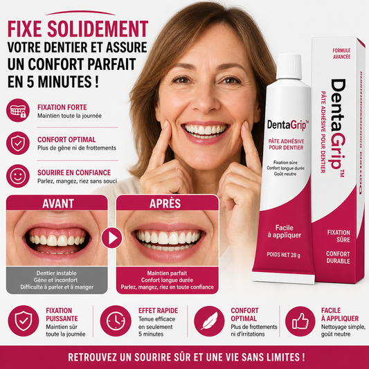 DentaGrip™ Pâte Adhésive pour Dentier | Fixe solidement votre dentier et assure un confort parfait en 5 minutes!