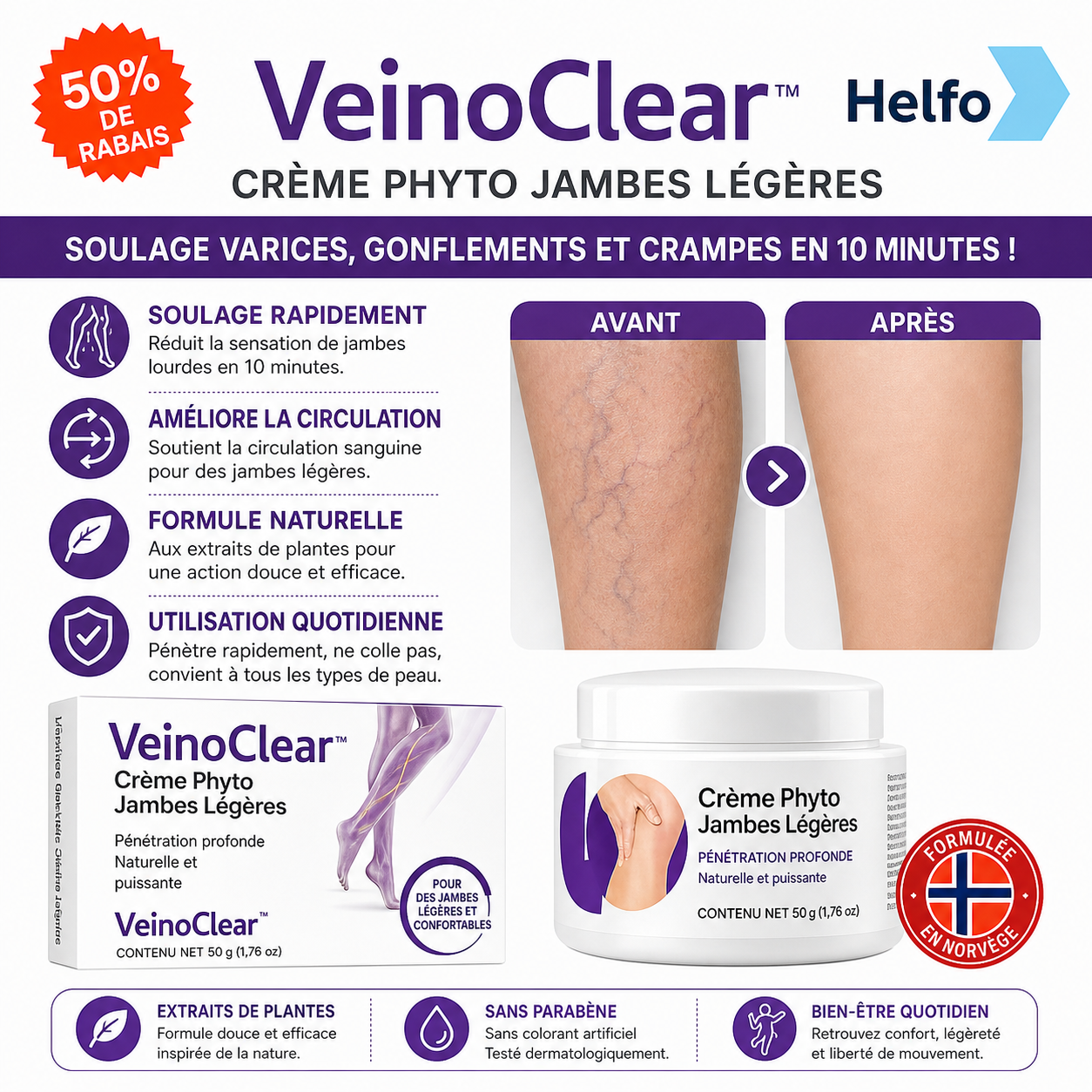 VeinoClear™ Crème Phyto Jambes Légères | Soulage varices, gonflements et crampes en 10 minutes!