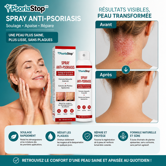 PsoriaStop™ Spray Anti-Psoriasis | Stoppe les démangeaisons et efface les plaques en 5 jours chrono !