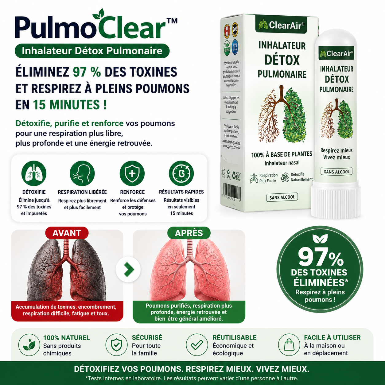 PulmoClear™ Inhalateur Détox Pulmonaire | Éliminez 97 % des toxines et respirez à pleins poumons en 15 minutes !
