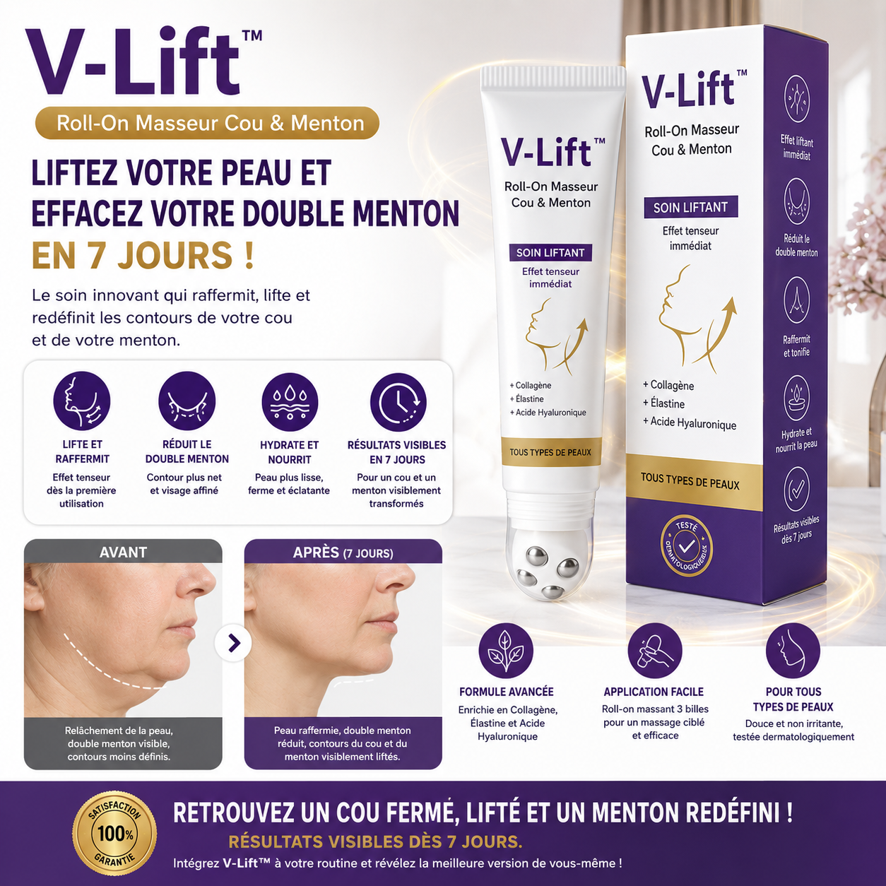V-Lift™ Roll-On Masseur Cou & Menton | Liftez votre peau et effacez votre double menton en 7 jours !
